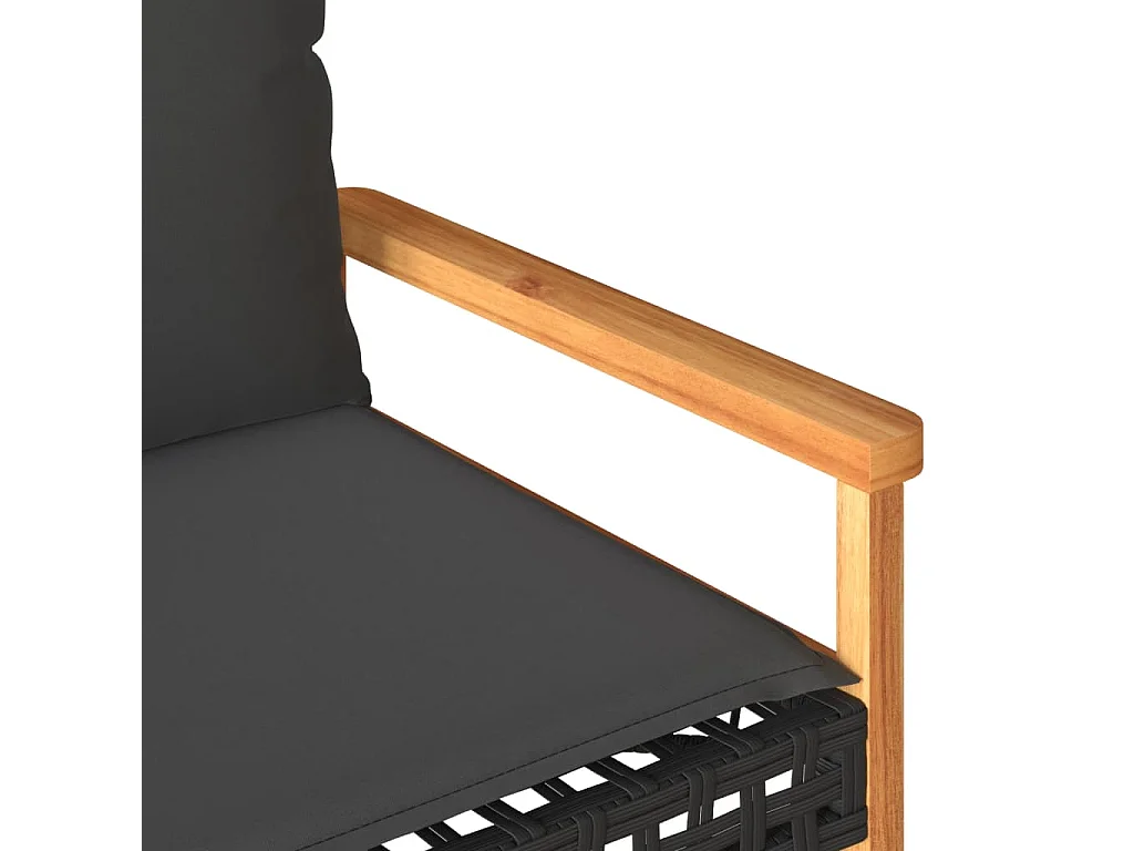 Banco de jardín con cojín negro de resina trenzada y acacia.