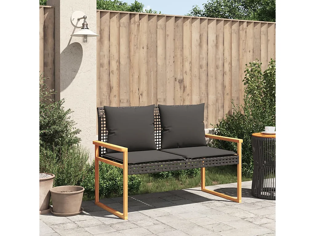 Panca da giardino con cuscino nero in resina intrecciata e acacia