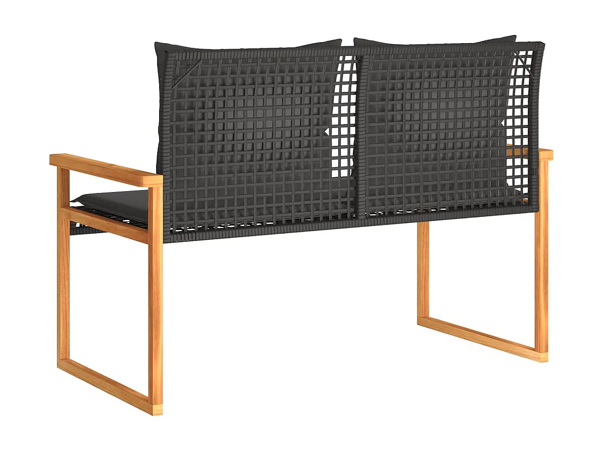 Panca da giardino con cuscino nero in resina intrecciata e acacia