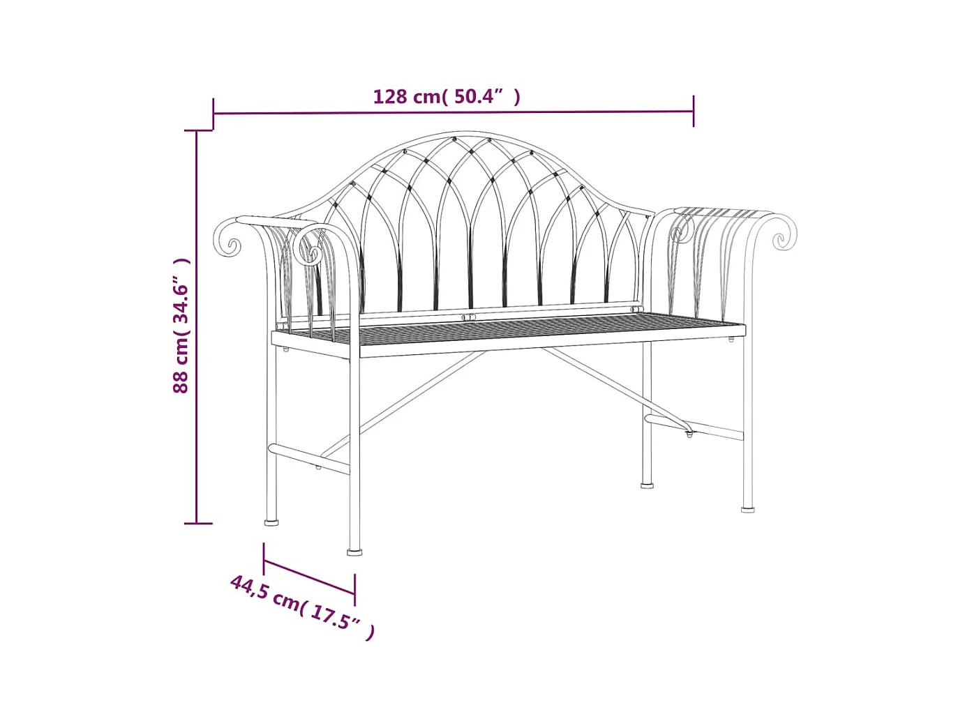 Banco de jardín de 2 plazas 128 cm Acero Negro