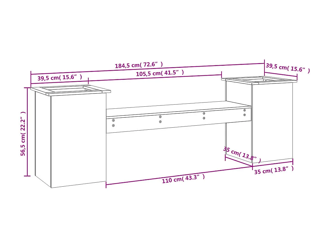 Bank met plantenbakken 184,5x39,5x56,5 cm massief grenenhout