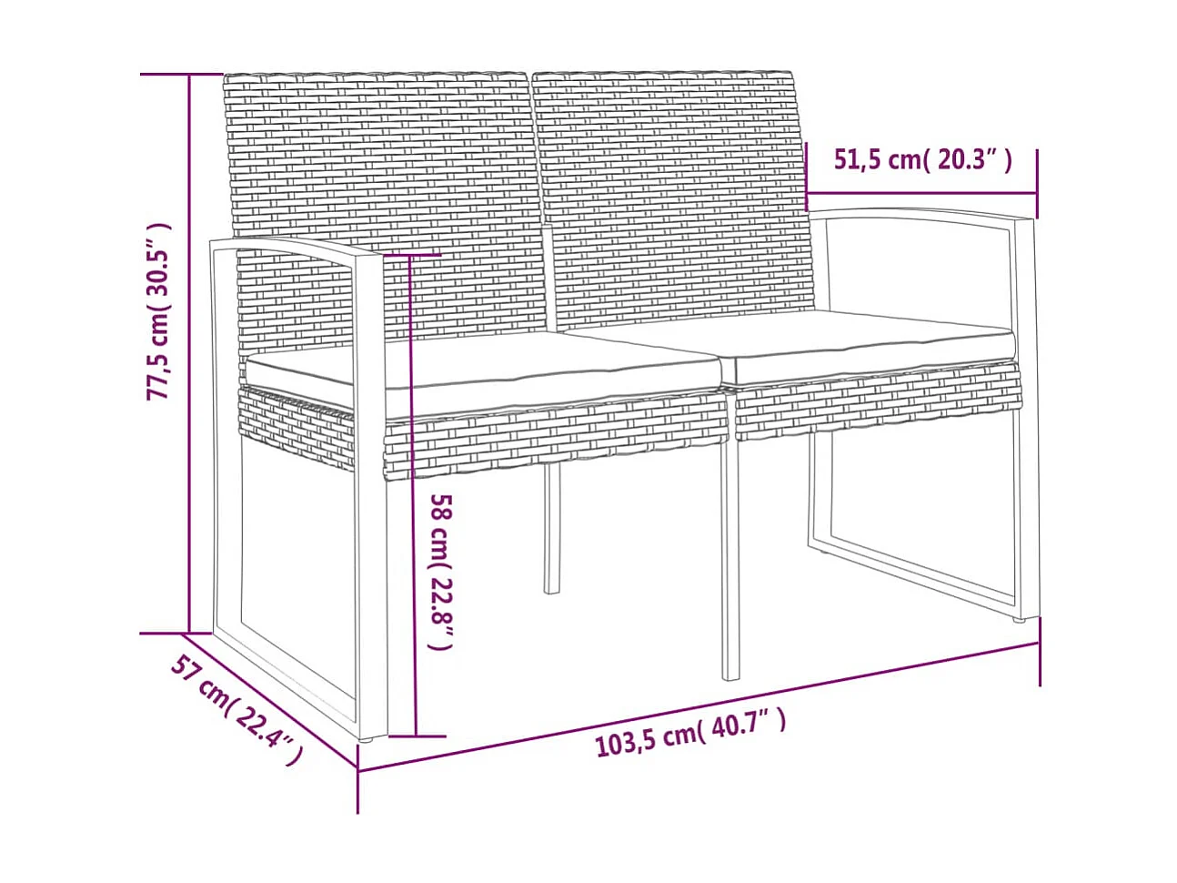 Panca da giardino a 2 posti con cuscini in rattan PP marrone