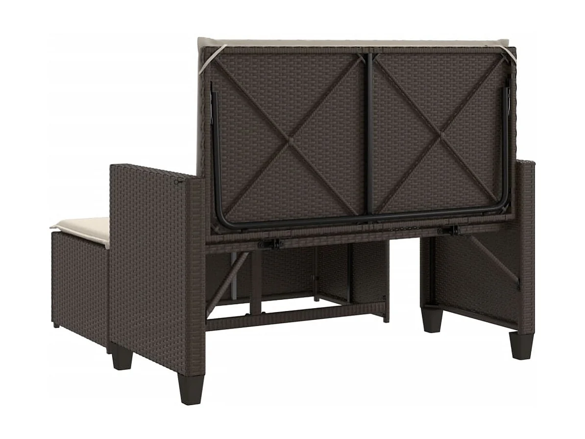 Panca da giardino con cuscini e poggiapiedi in resina intrecciata marrone