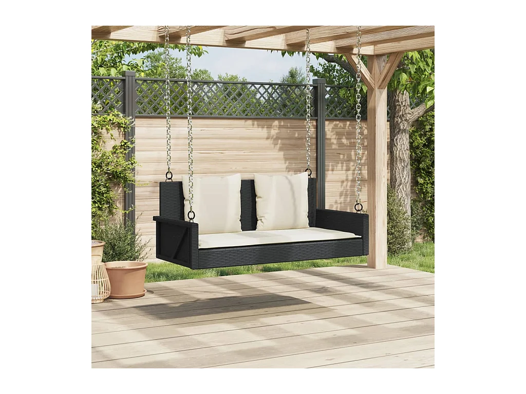 Asiento de columpio con cojines negros 119x56x48 cm resina tejida