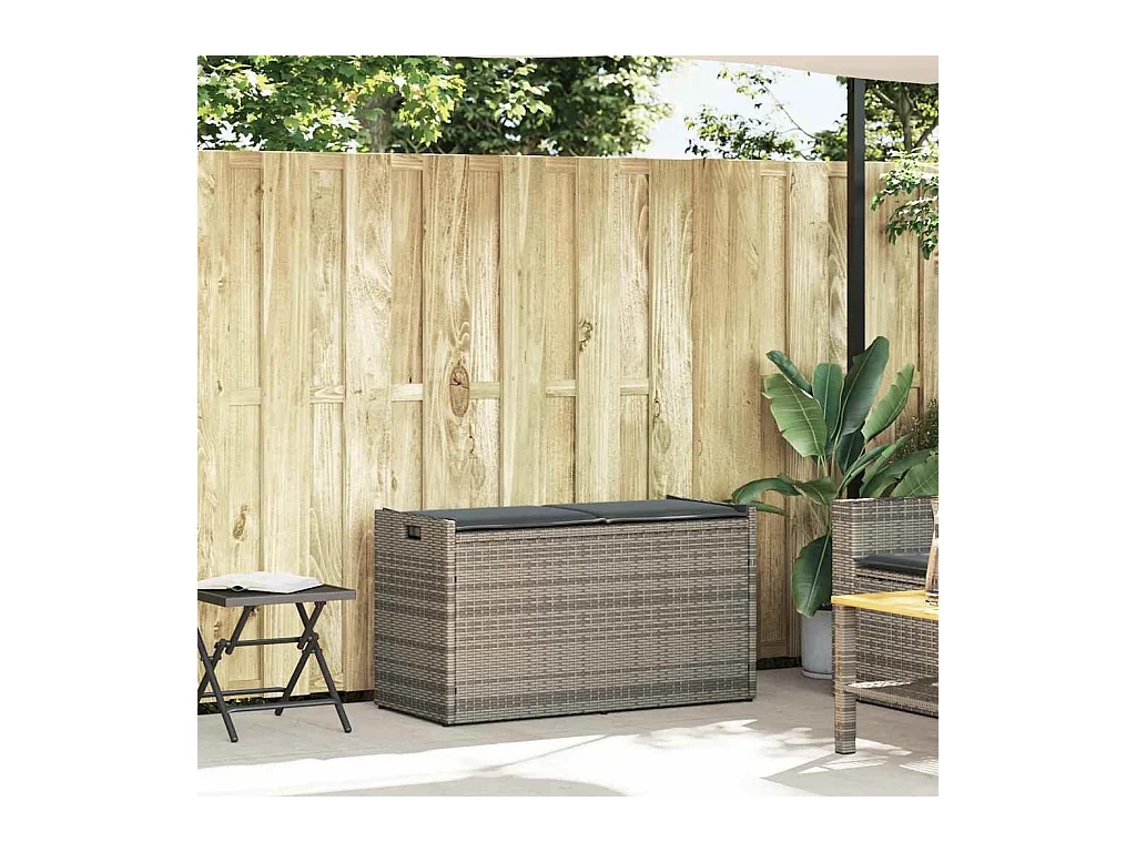 Panca contenitore da esterno con cuscino grigio 100 cm in resina intrecciata