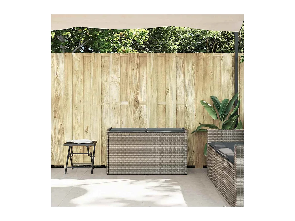 Panca contenitore da esterno con cuscino grigio 100 cm in resina intrecciata