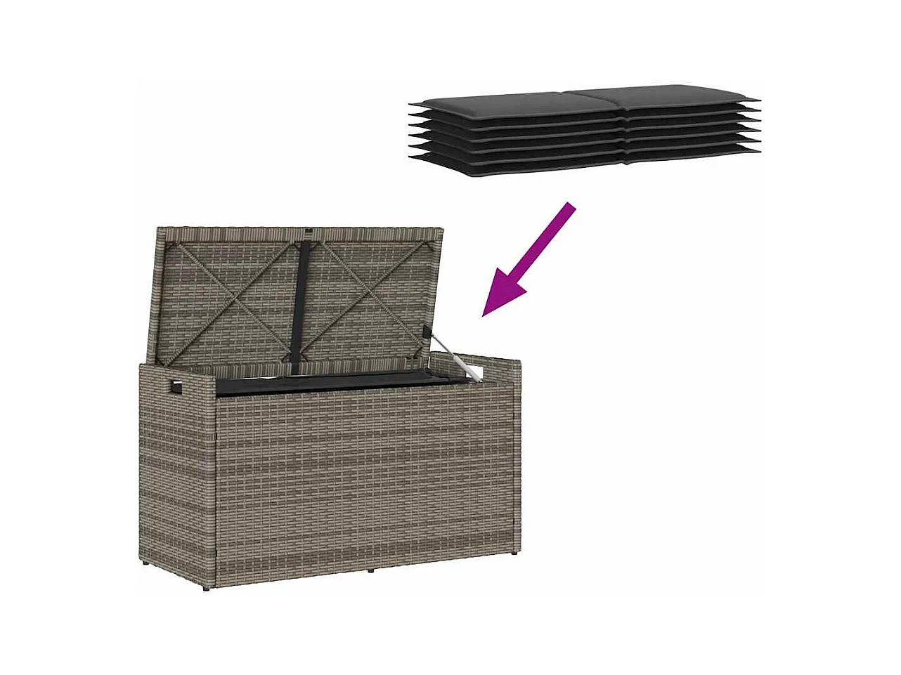 Panca contenitore da esterno con cuscino grigio 100 cm in resina intrecciata