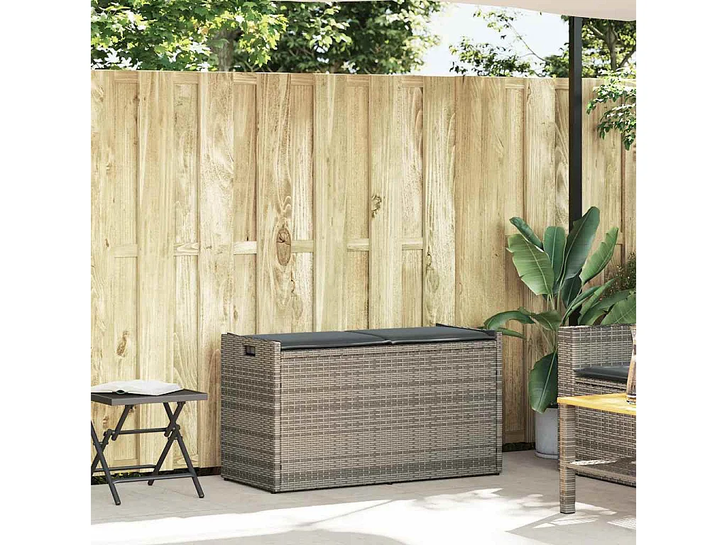 Panca contenitore da esterno con cuscino grigio 100 cm in resina intrecciata