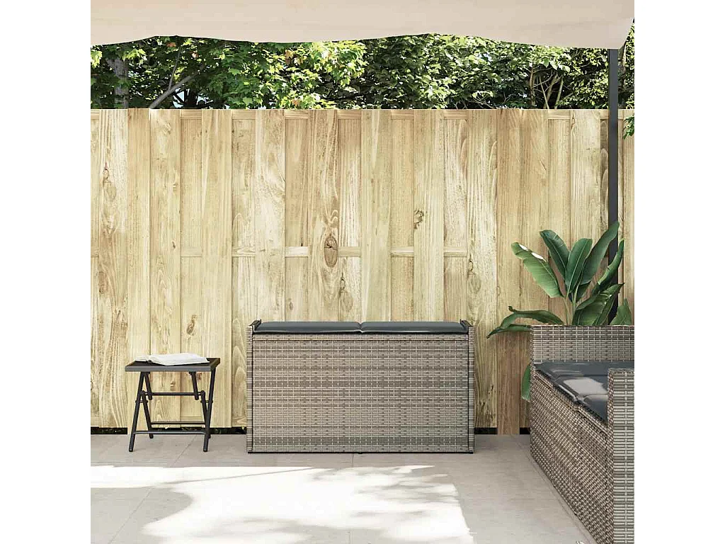 Panca contenitore da esterno con cuscino grigio 100 cm in resina intrecciata