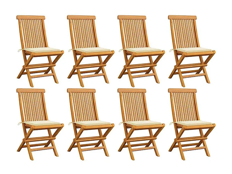 Juego de 8 sillas de jardín y cojines color crema de madera maciza de teca
