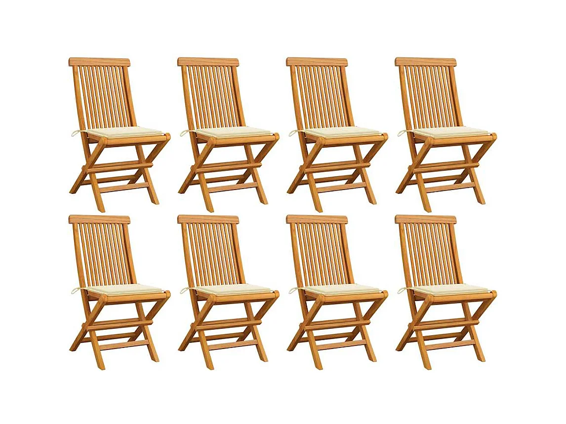 Juego de 8 sillas de jardín y cojines color crema de madera maciza de teca
