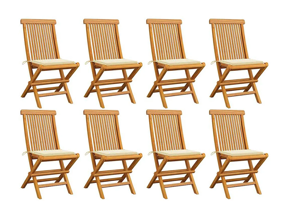 Set di 8 sedie da giardino e cuscini color crema in legno massello di teak