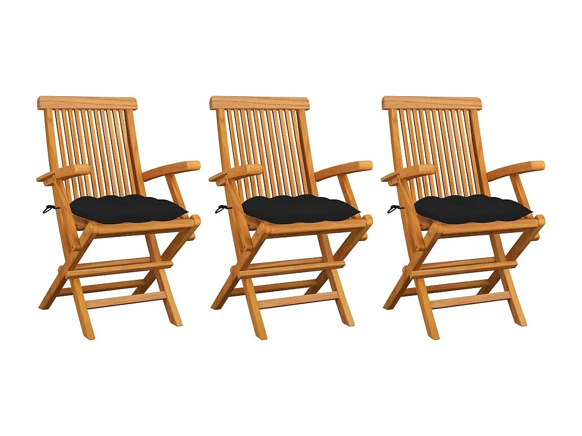 Set di 3 sedie da giardino con cuscini neri in legno massello di teak