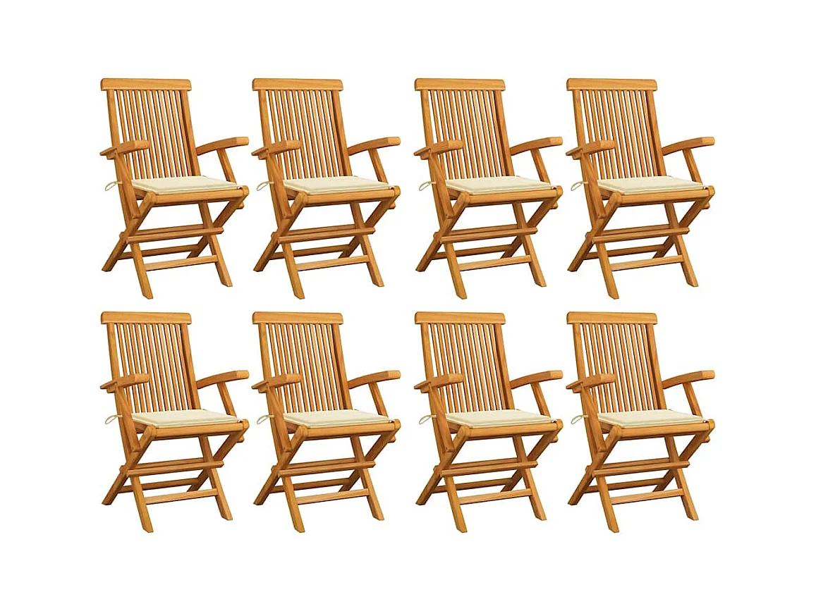 Chaises de jardin avec coussins crème lot de 8 Bois teck massif