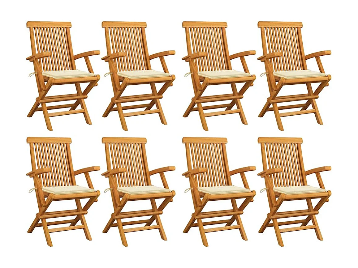 Chaises de jardin avec coussins crème lot de 8 Bois teck massif