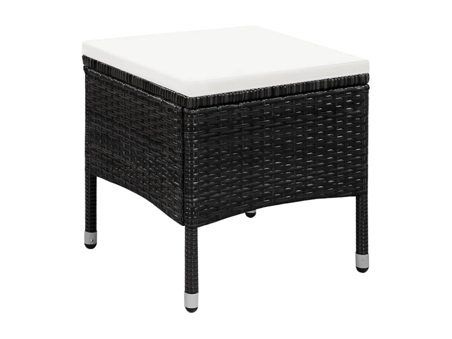 Buitenstoel, kruk en kussens van zwart geweven hars