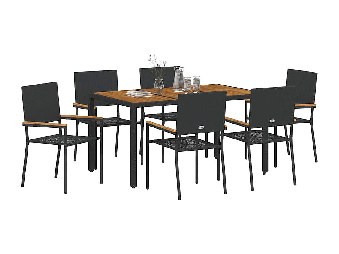 Juego de comedor de jardín de 7 piezas, negro, madera
