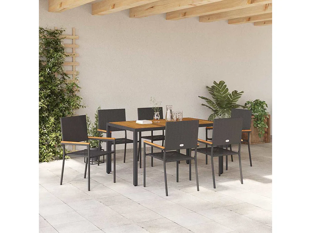 Juego de comedor de jardín de 7 piezas, negro, madera