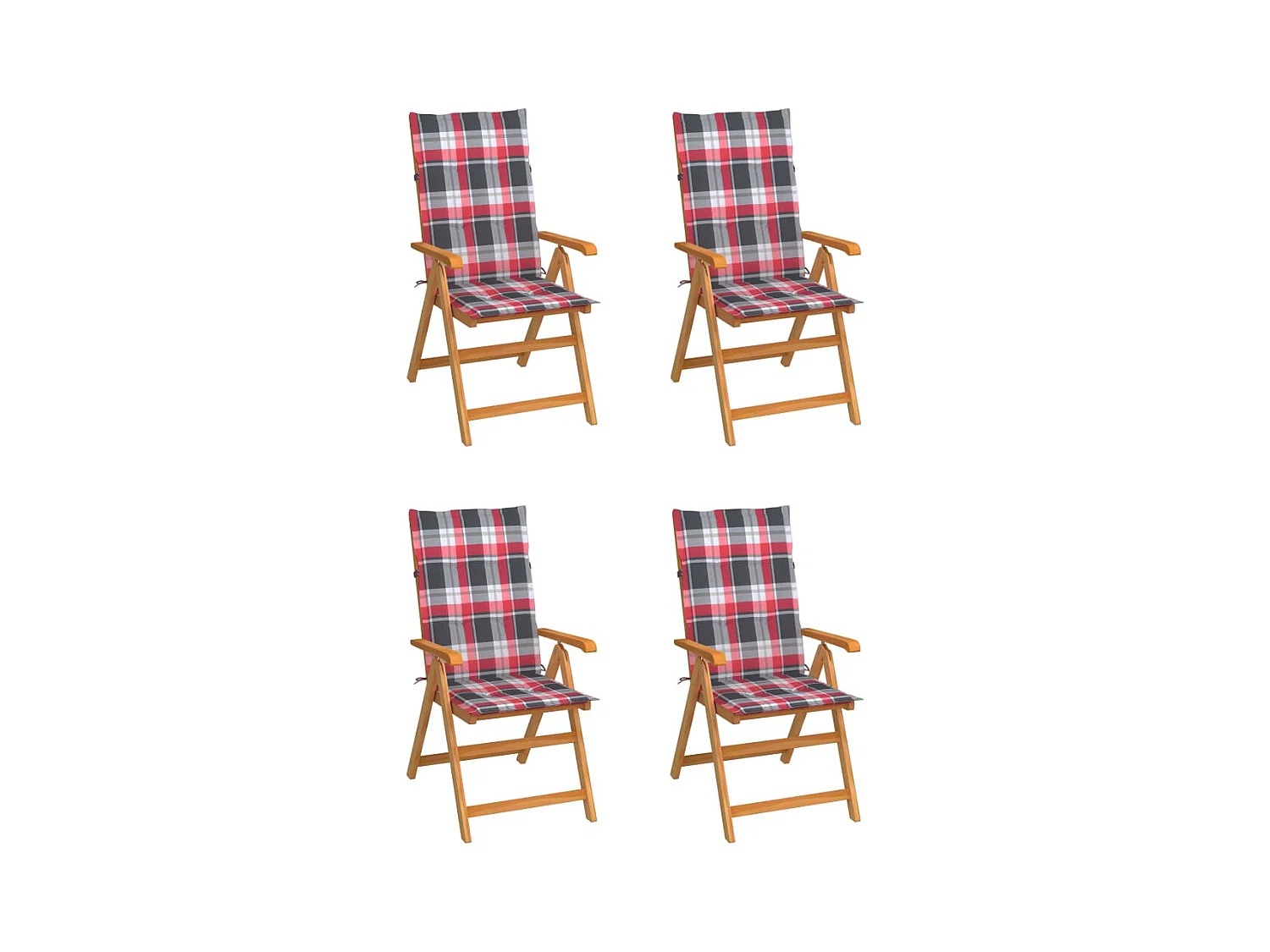 Chaises de jardin lot de 4 et coussins à carreaux rouge Teck