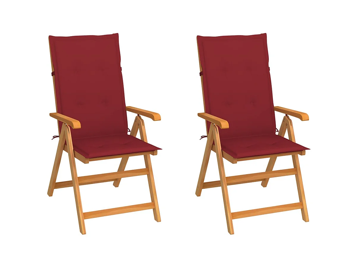 Chaises de jardin lot de 2 et coussins bordeaux Teck massif