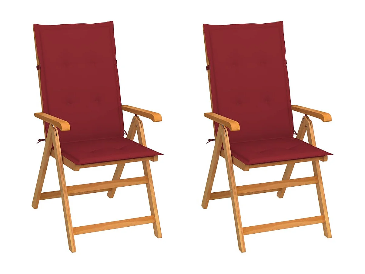 Chaises de jardin lot de 2 et coussins bordeaux Teck massif