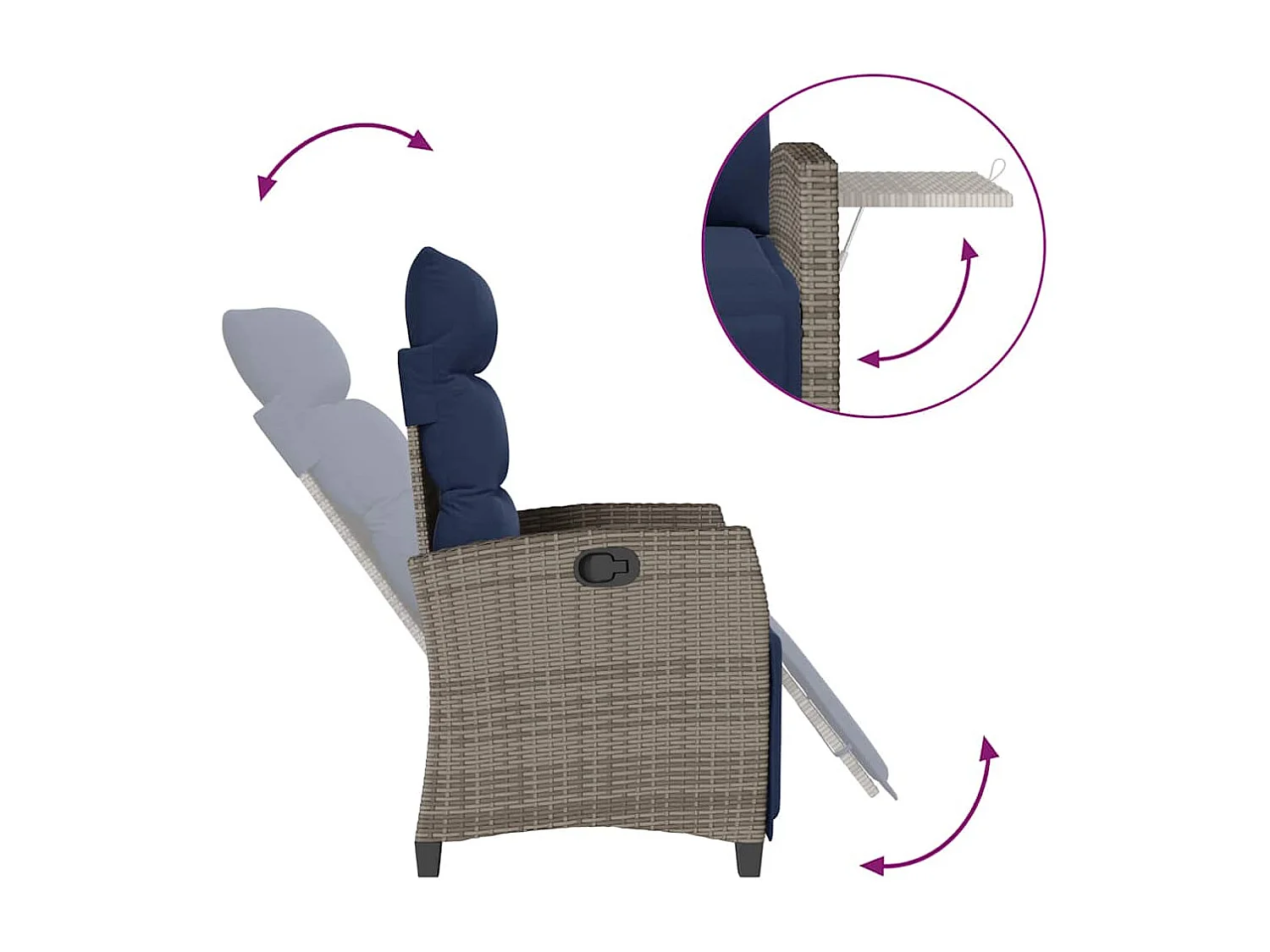 Sedia da giardino reclinabile con tavolino laterale in polyrattan grigio