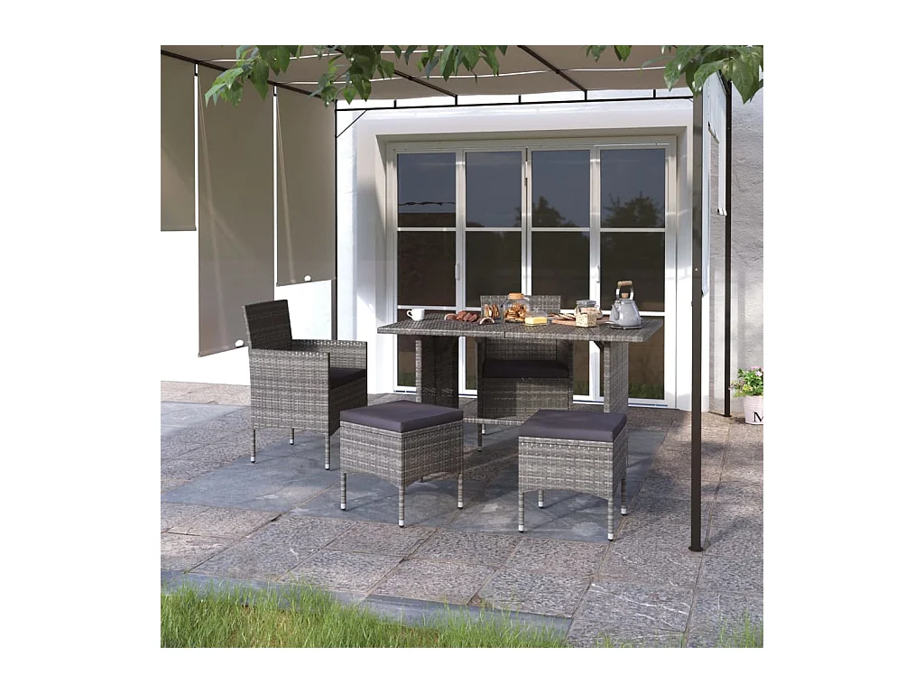 Conjunto de 4 sillas y taburetes de jardín, resina tejida gris