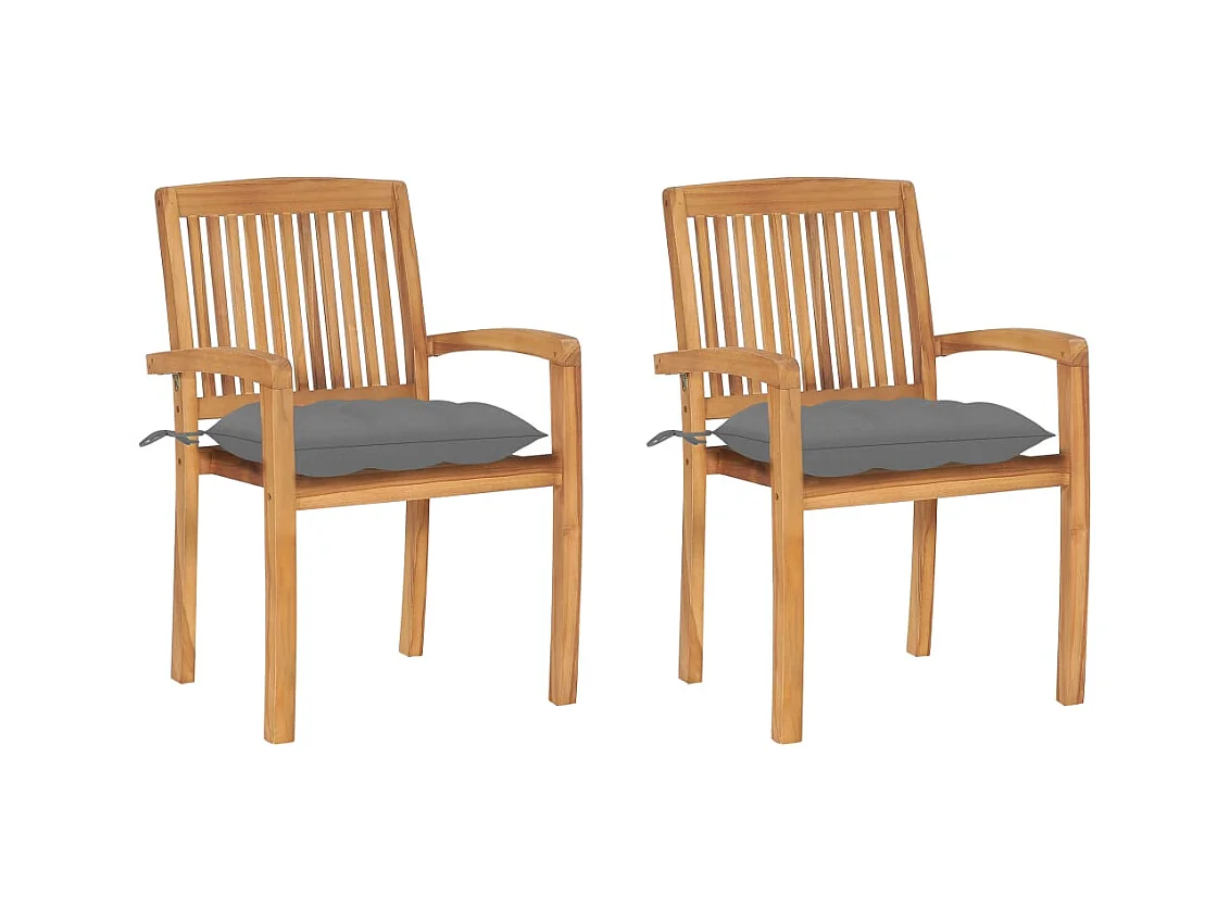 Chaises de jardin lot de 2 et coussins gris Bois de teck massif
