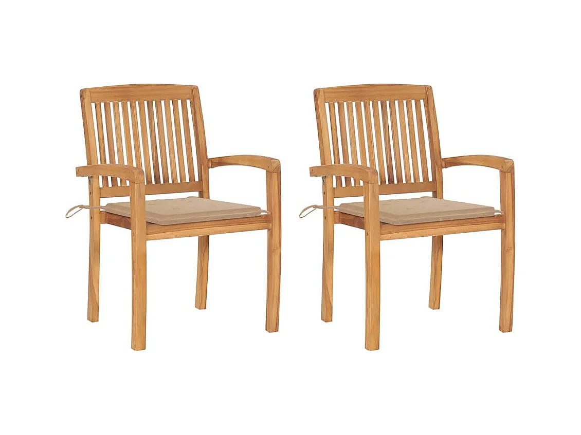 Chaises de jardin lot de 2 et coussins beige Bois teck massif