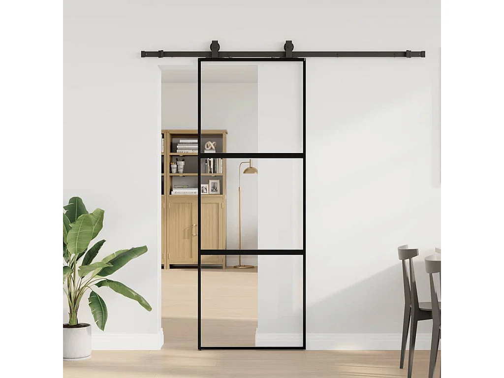 Porte coulissante kit quincaillerie noir 76x205 cm verre trempé