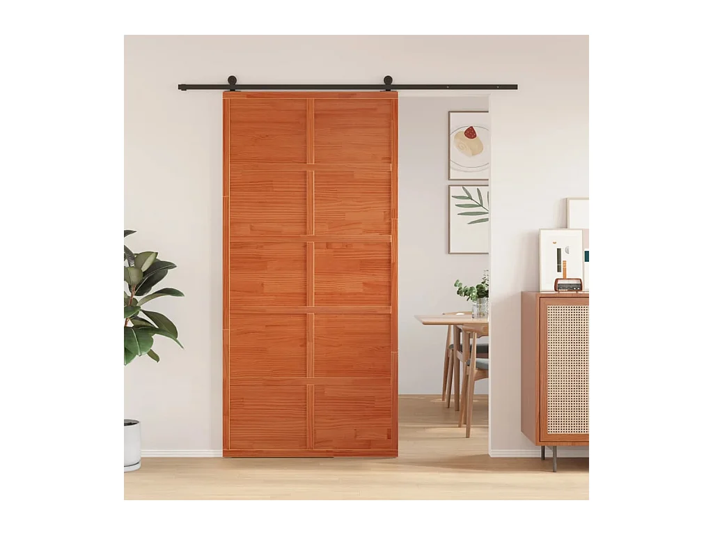 Porte de grange marron cire 100x208 cm bois massif de pin