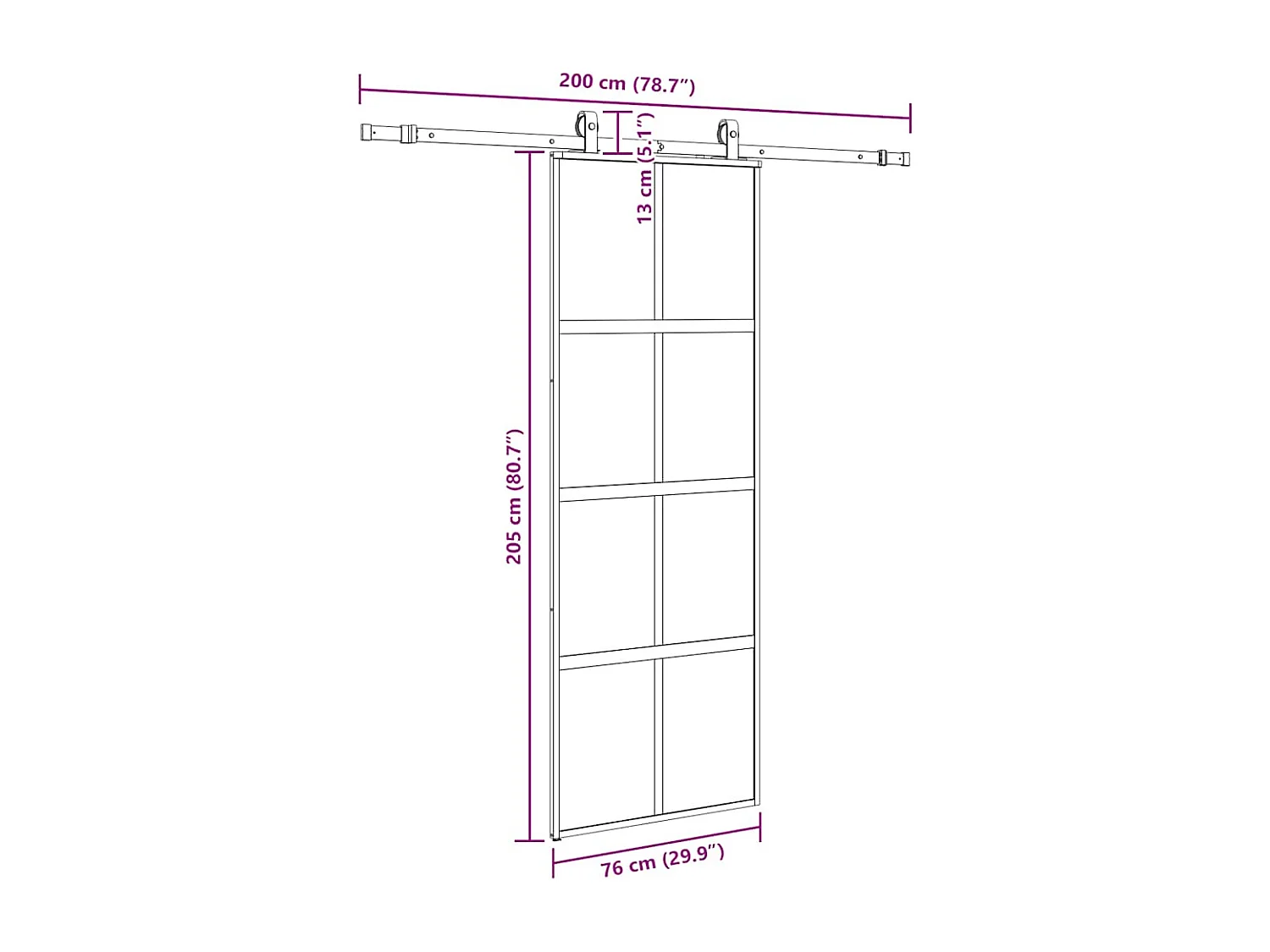 Porte coulissante kit quincaillerie noir 76x205 cm verre trempé