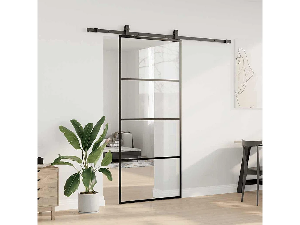 Porte coulissante kit de quincaillerie noir 90x205 cm verre ESG