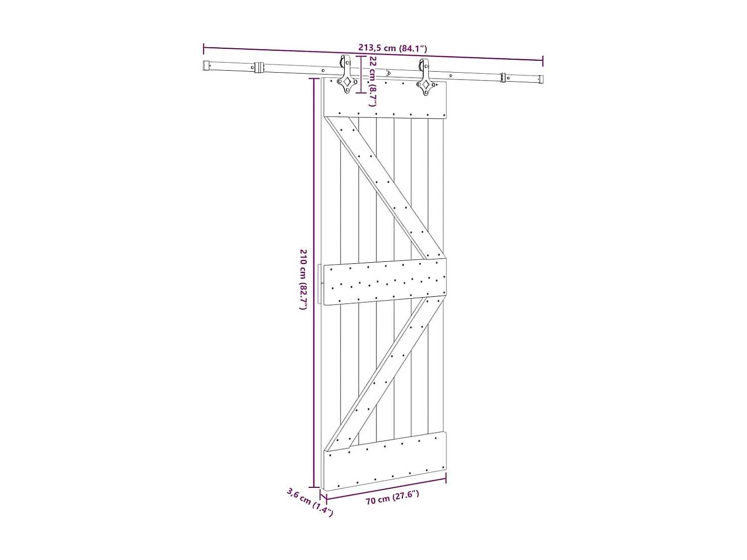 Porte coulissante et kit de quincaillerie 70x210 cm pin massif