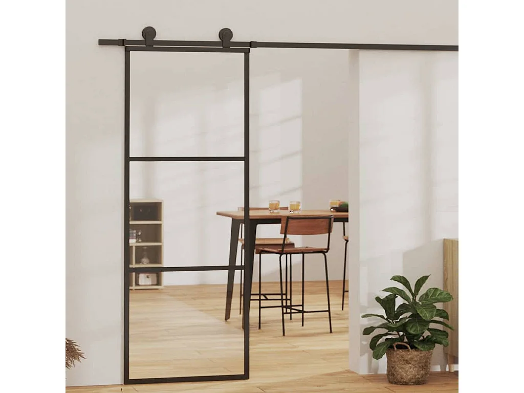 Porte coulissante 3 panneaux Verre ESG et aluminium 76x205 cm Noir