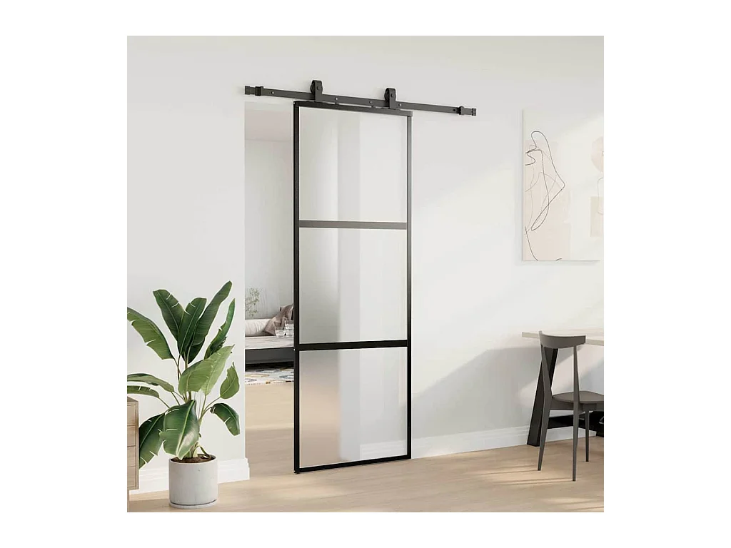 Porte coulissante kit quincaillerie noir 76x205 cm verre trempé