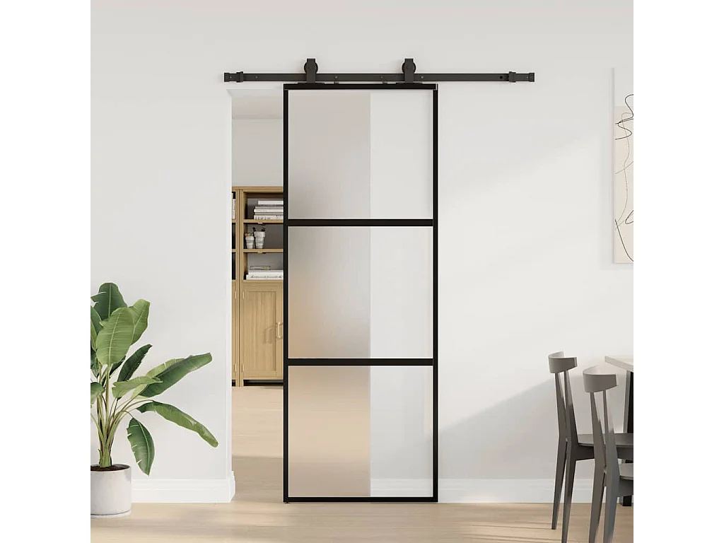 Porte coulissante kit quincaillerie noir 76x205 cm verre trempé