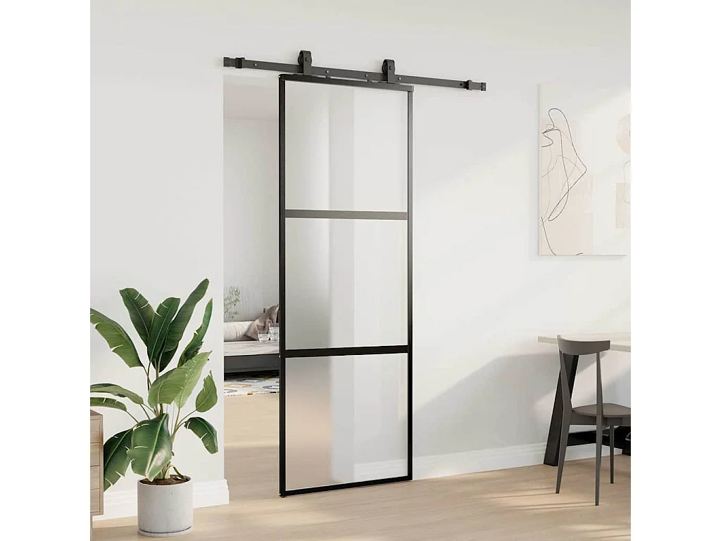 Porte coulissante kit quincaillerie noir 76x205 cm verre trempé