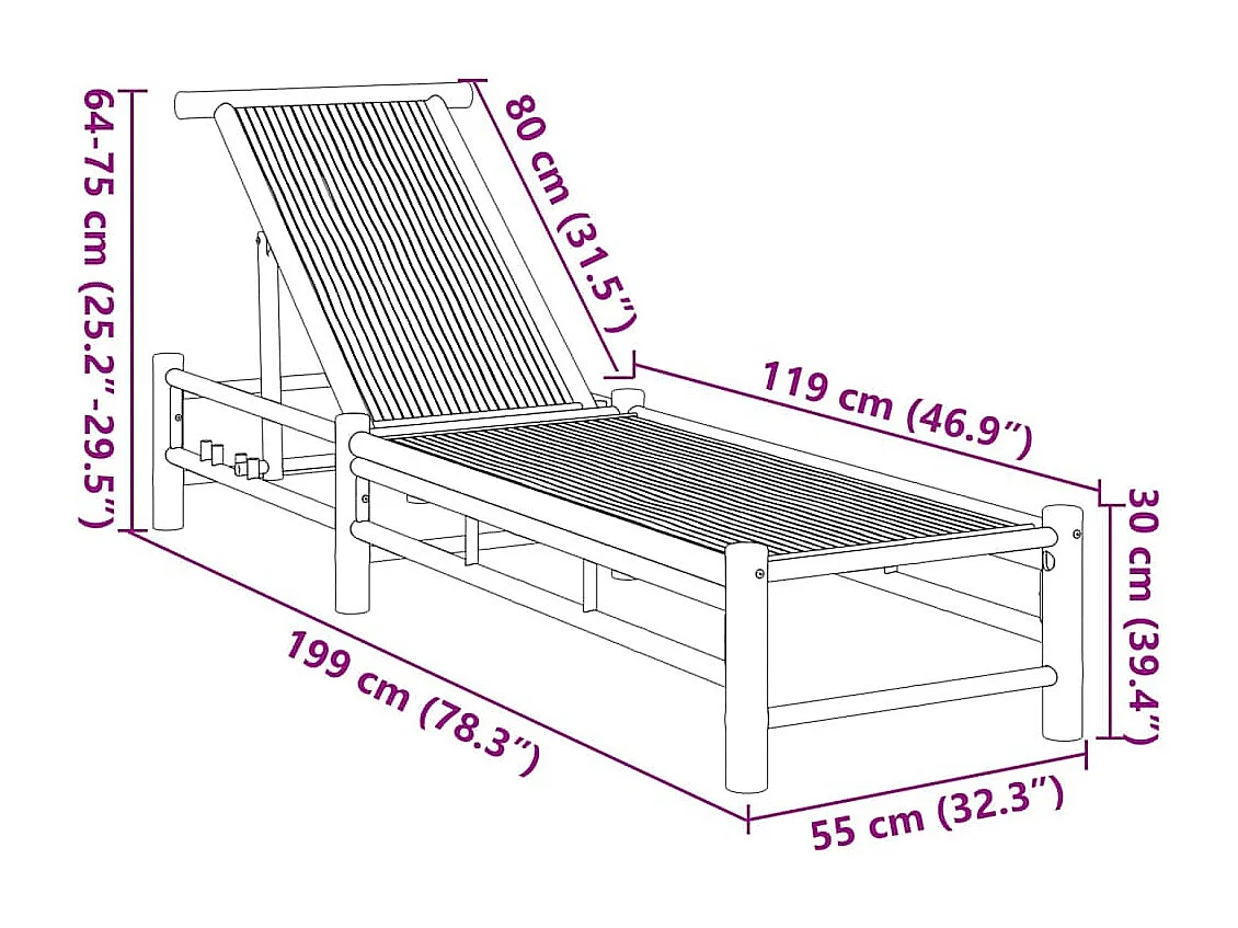Chaise longue 55x199x30 cm bambou