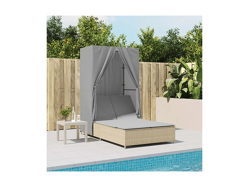 Dubbele chaise longue met dak en beige geweven harsgordijnen