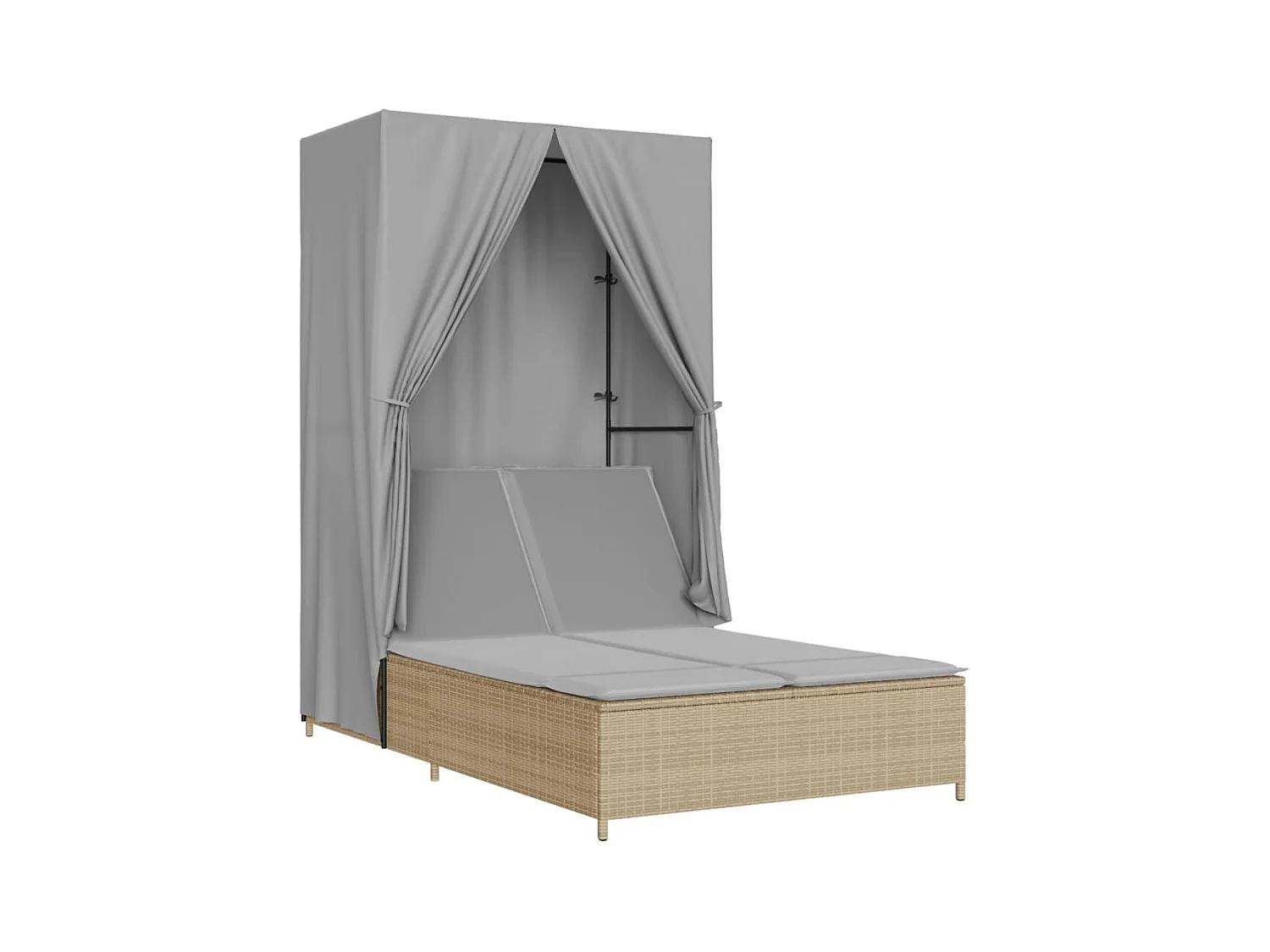 Dubbele chaise longue met dak en beige geweven harsgordijnen