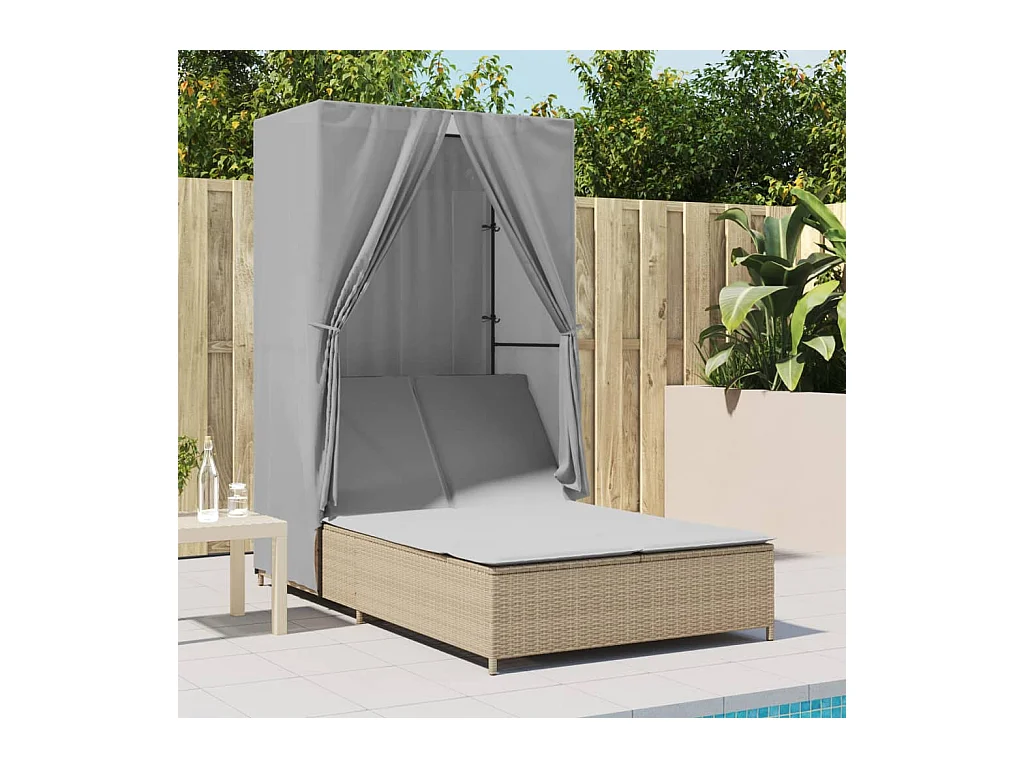 Dubbele chaise longue met dak en beige geweven harsgordijnen