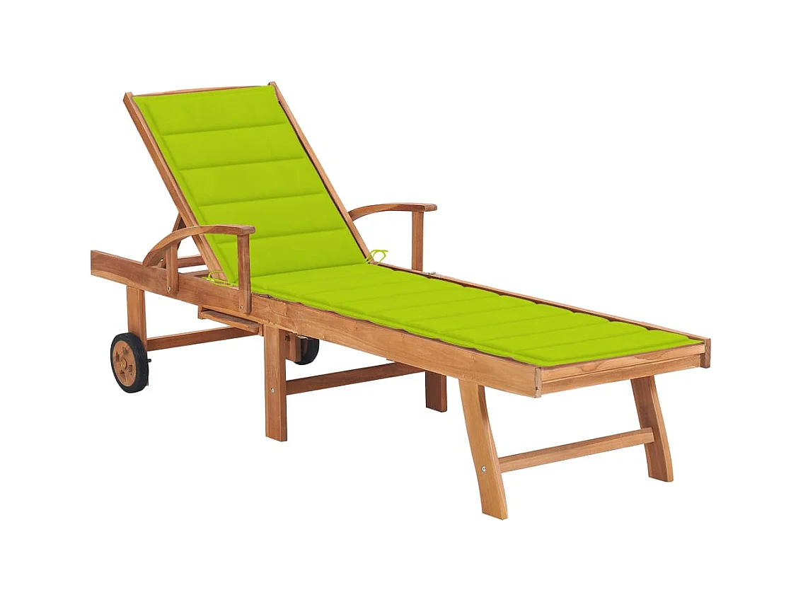 Loungestoel met felgroen kussen. Massief teakhout.