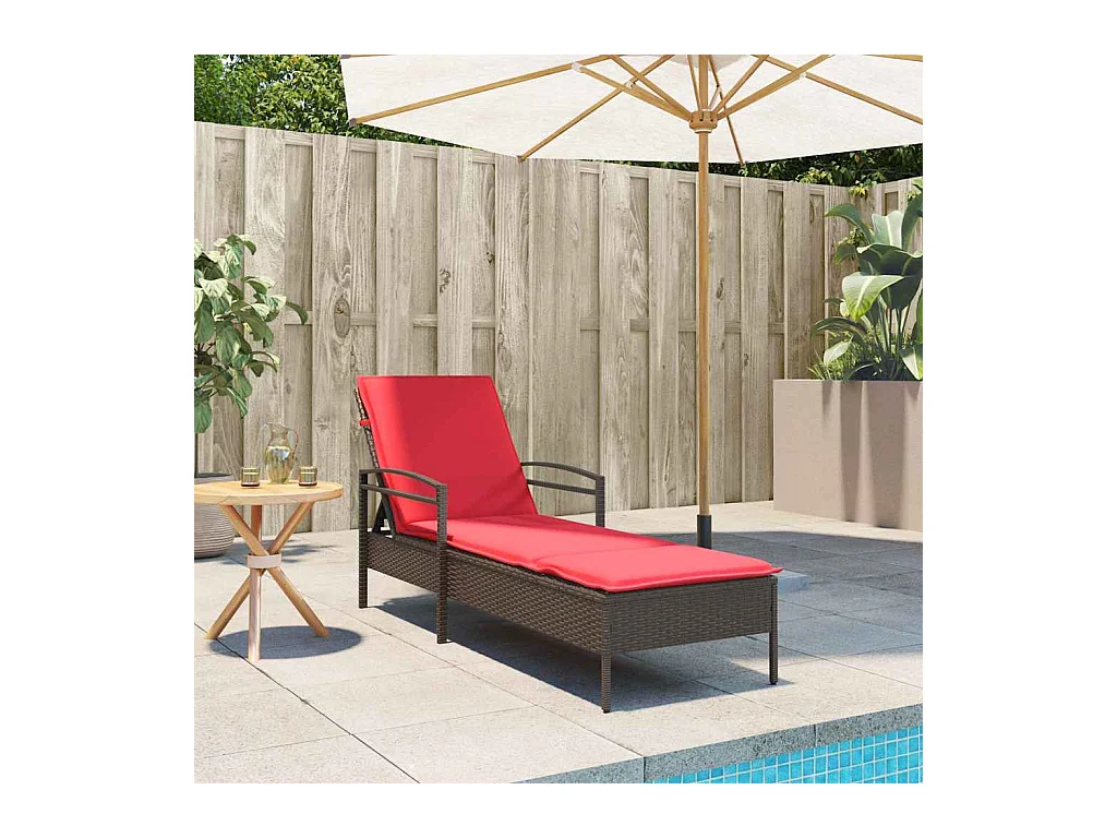 Chaise longue avec coussin marron 63x200x81 cm en poly rotin