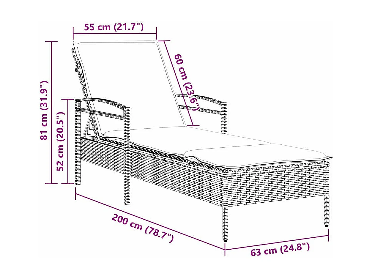 Chaise longue avec coussin marron 63x200x81 cm en poly rotin