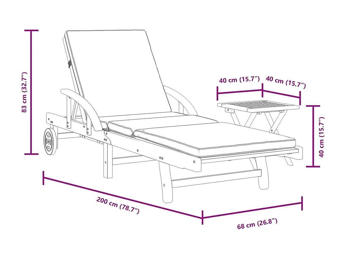 Chaise longue con cojín y mesa en madera maciza de acacia
