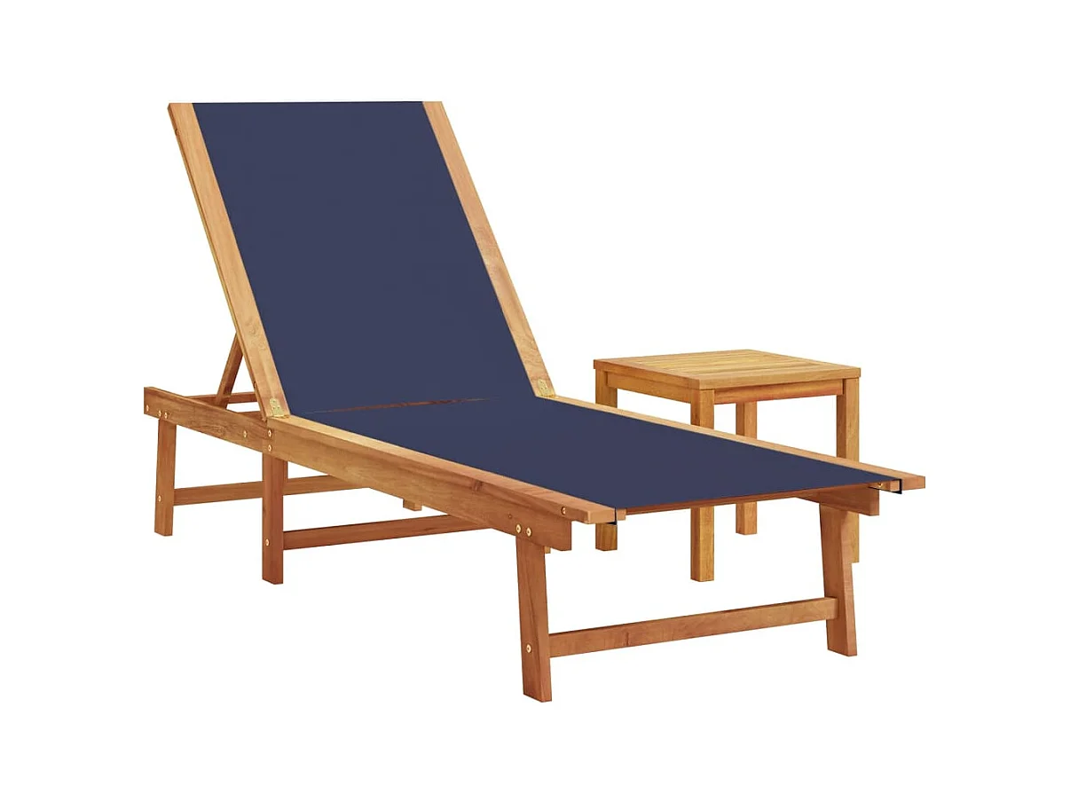 Set van 2 ligstoelen met een tafel van blauw acaciahout en textileen