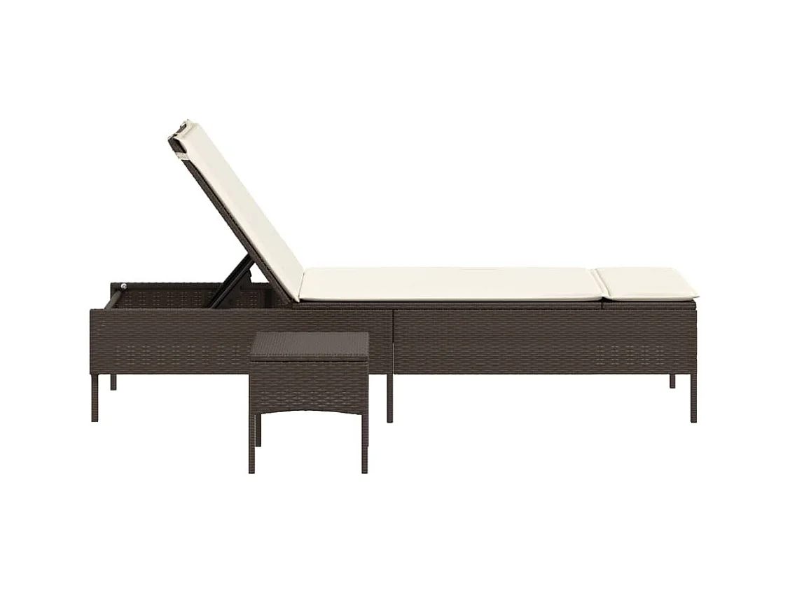 Chaise longue con mesa y cojín de resina tejida marrón