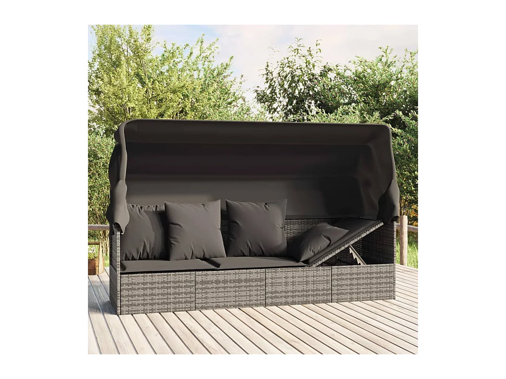 Cama de exterior con techo y cojines en resina tejida gris