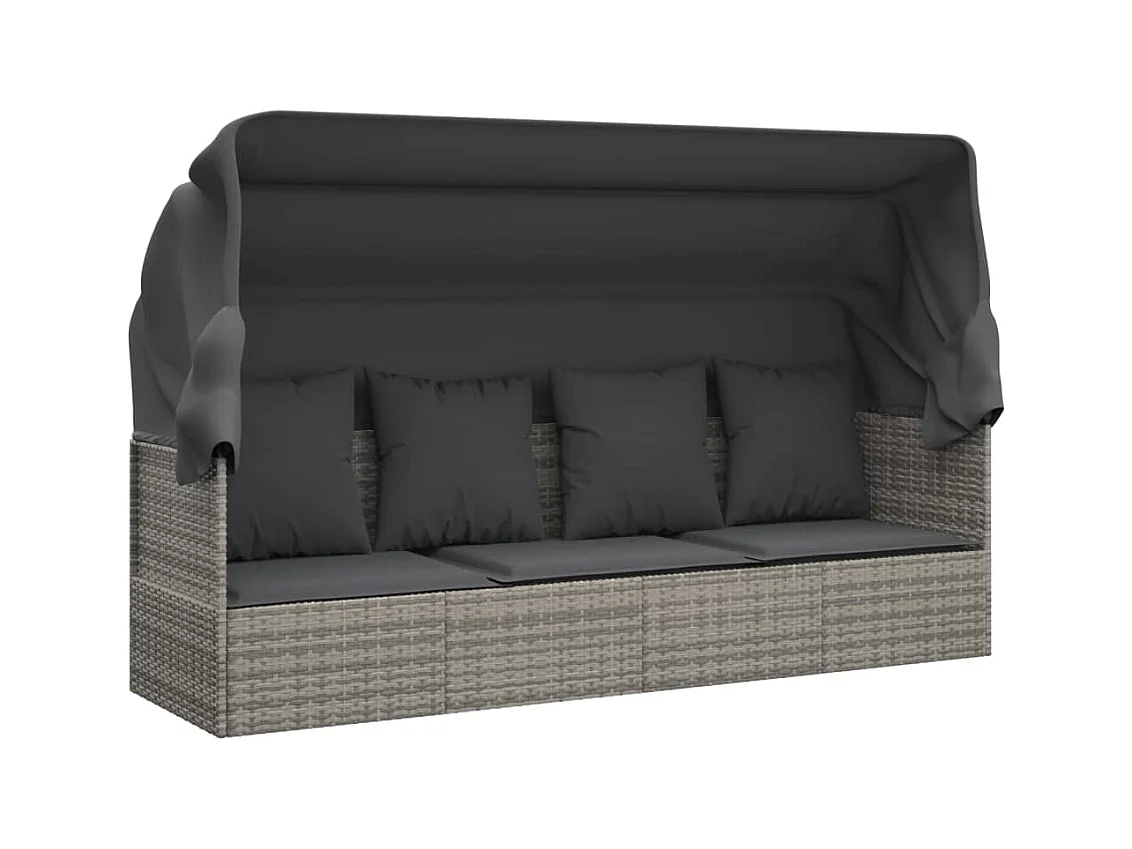 Cama de exterior con techo y cojines en resina tejida gris